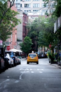 yellow taxi cab on gray concrete road top near buildings and trees during daytime photo