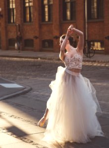 women's white floral sweetheart neckline dress dancing photo
