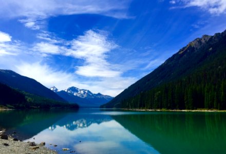 reflective photo of mountains and lake under blue sky photo