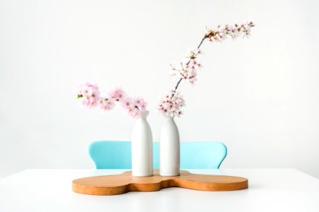 two pink petaled flowers in white vases on brown wooden surface