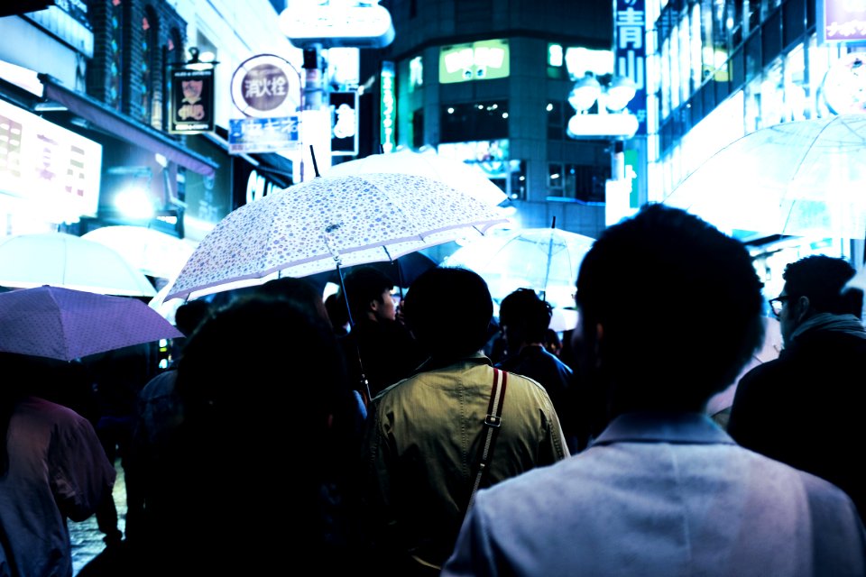 people with umbrellas walking on road in middle of buildings at night