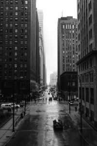 grayscale photo of city street photo