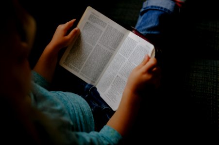 toddler girl reading a book at vehicle backseat photo