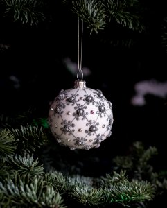 white and gray Christmas baubles