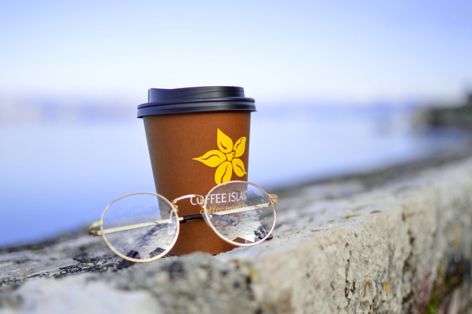 gold-colored framed eyeglasses beside plastic disposable cup