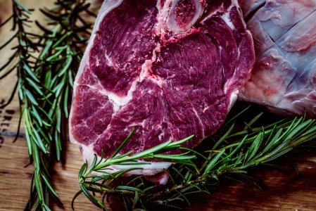 raw meat and green leaf plant on brown surface photo