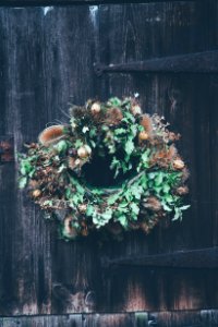 hanging green and brown floral wreath photo