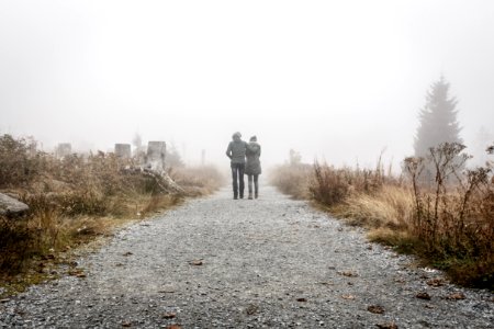 two person walking on gray road photo