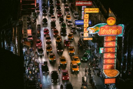 high-angle view of vehicles on road photo