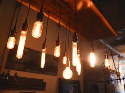 photo of edison light bulbs hang on ceiling photo