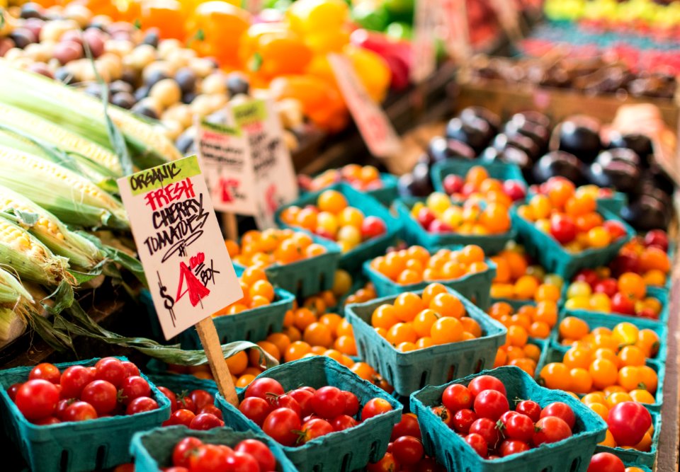 red tomato lot on blue baskets photo