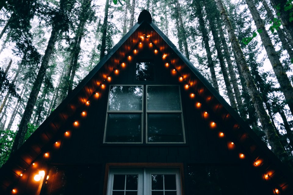 house with string lights photo