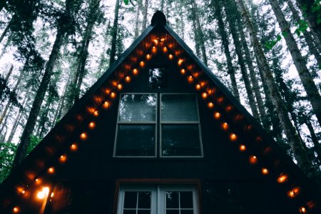 house with string lights photo