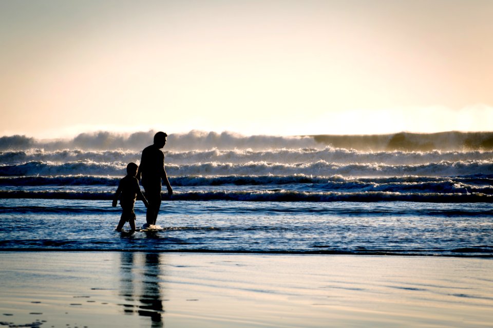 silhouette of a man and a boy on the seashore