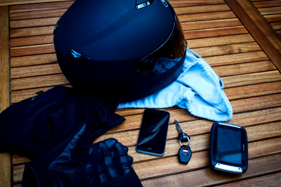 Helmet, Motorcycle, Wooden table