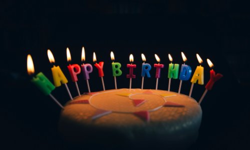 round fondant cake with happy birthday candle photo