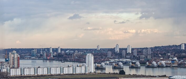 Thames barrier skyline panorama
