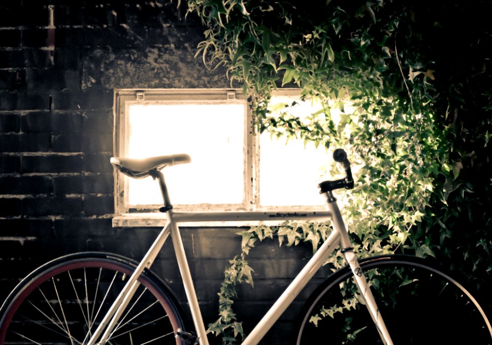 white fixed-gear bicycle inside black room