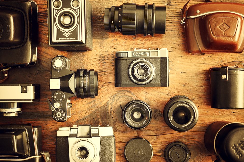 Photo cameras, Old wood texture, Vintage photo