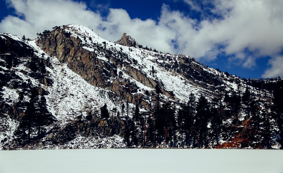 photo of mountain covered snow and trees