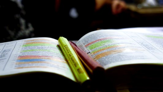 An open book with color highlighters in the middle. photo