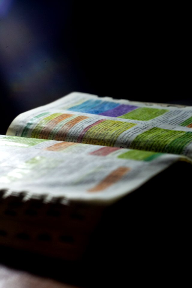 Color highlights in different parts of an open book.
