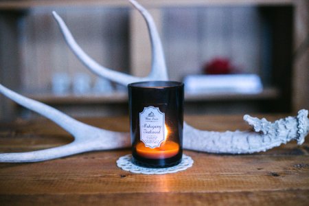 scented candle near deer horn photo