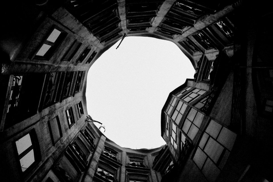 grayscale photo of concrete building