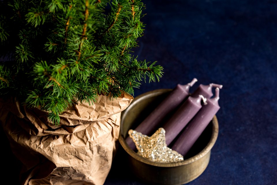 four purple taper candles