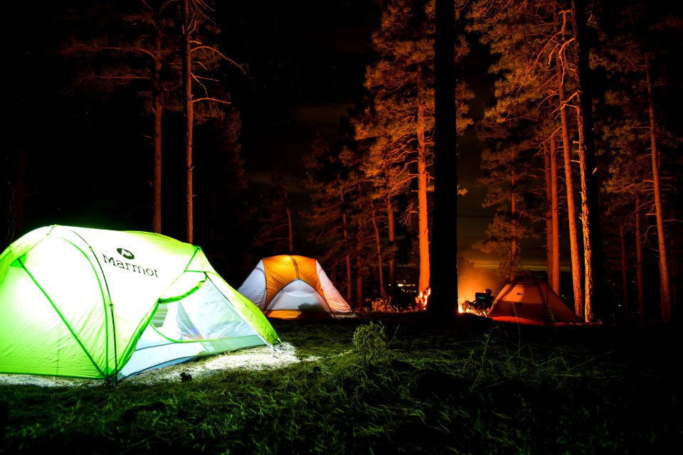 three dome tents with lights on forest beside campfire