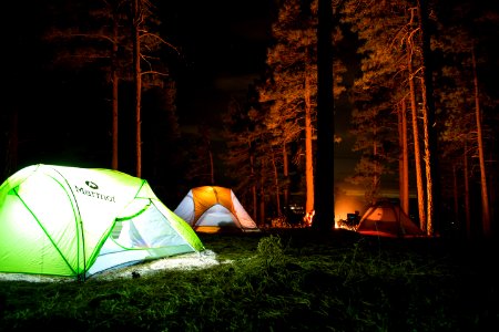 three dome tents with lights on forest beside campfire