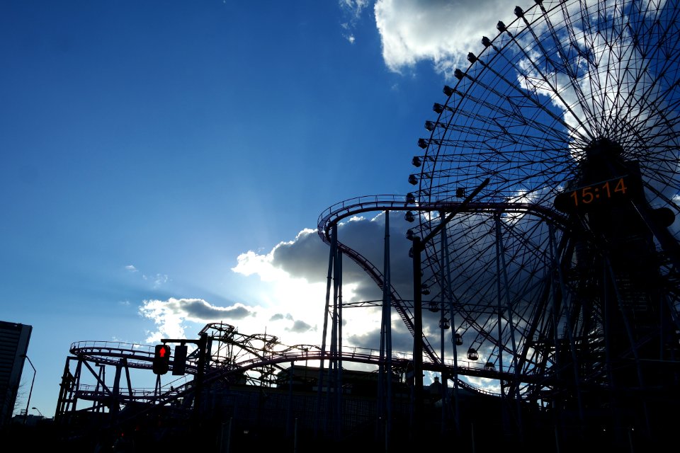 Roller coaster, Ferris wheel, Sun