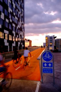 people riding bicycles inside bicycle lane beside skyscraper