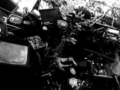 A black and white photo of a landfill site.