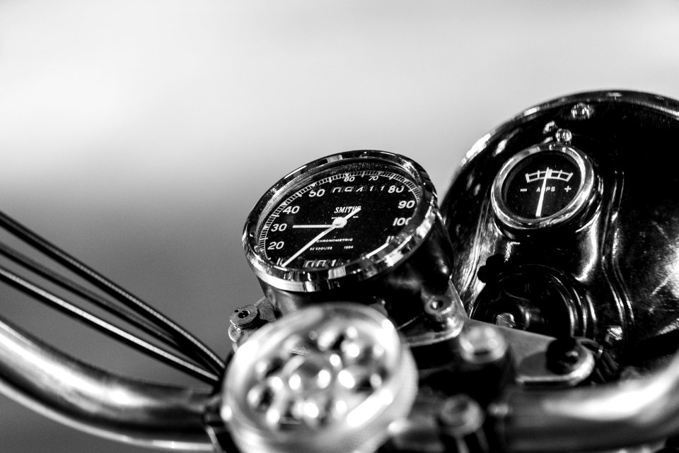 greyscale photography of motorcycle speedometer