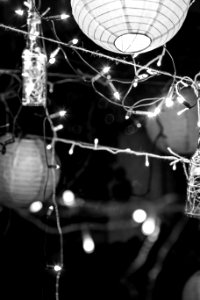 grayscale photo of string lights