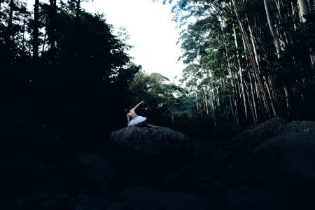 A person stretching on a rock in the forest.