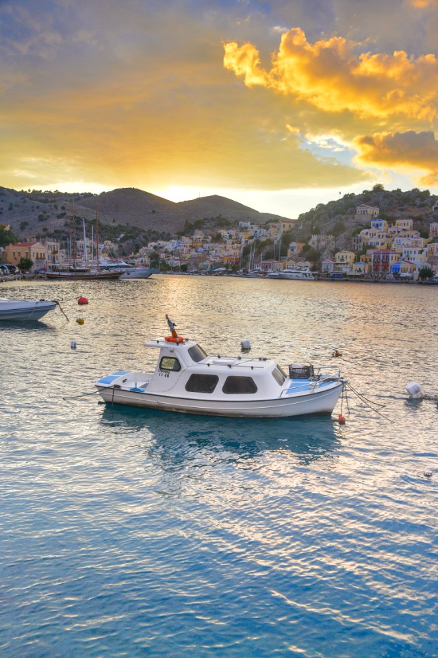 Symi, Greece, Sunset over the bay
