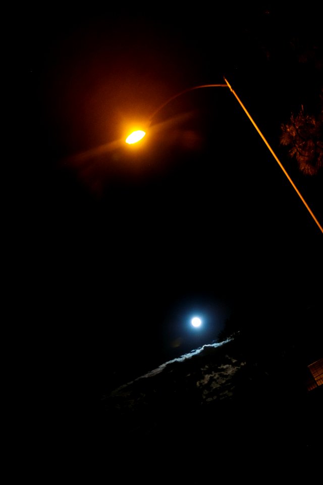 Night, Moon, Street lamp