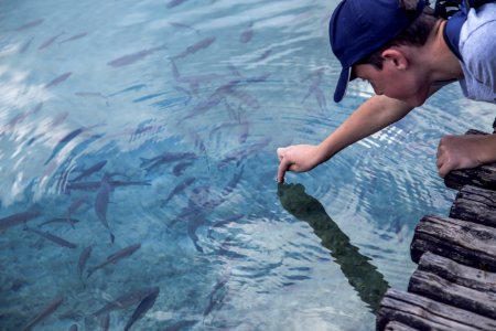 boy in blue cap and blue tank top in water photo