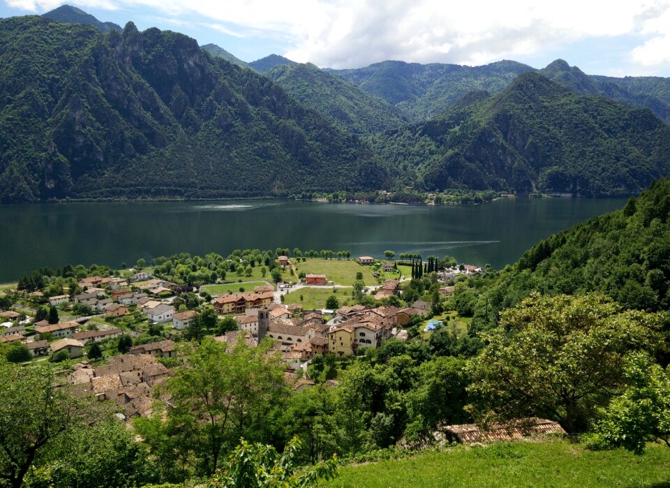 Village lake mountains