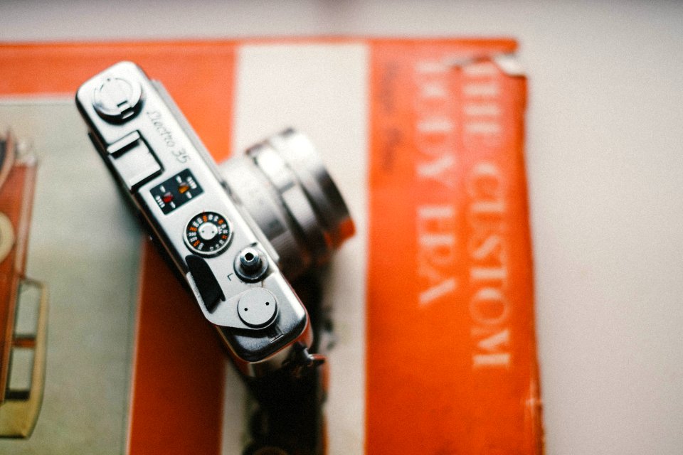 Camera on old orange book 