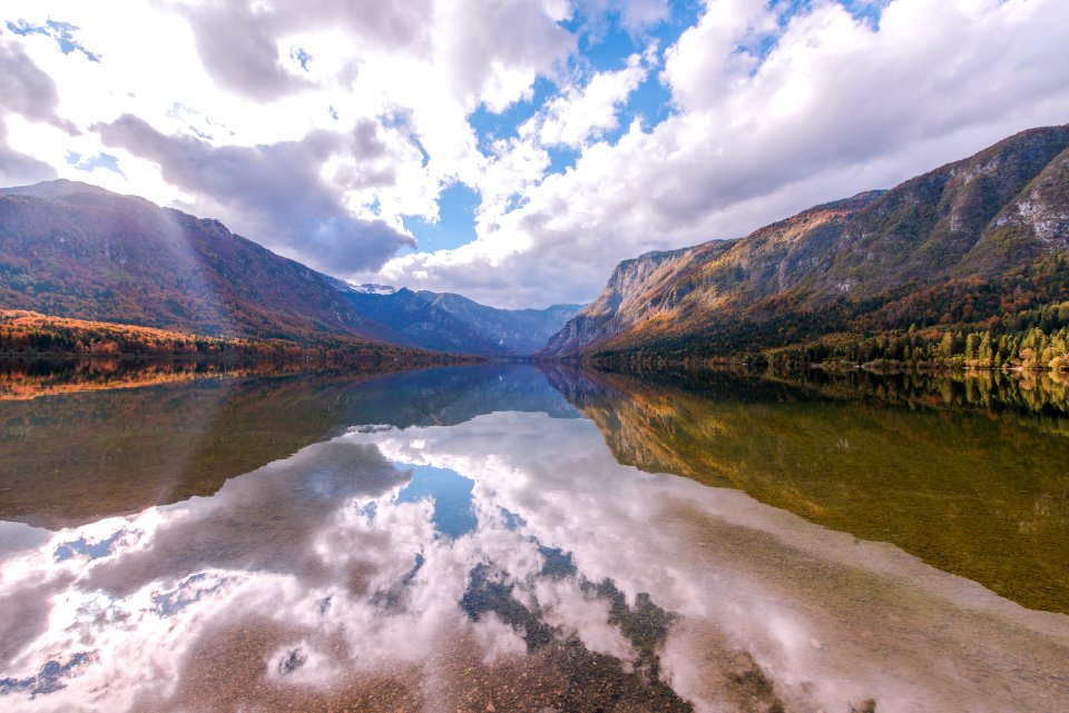Clouds mirrored in a mountain lake 