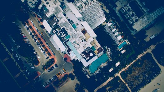 Drone view of hotel terraces in Miami Beach photo