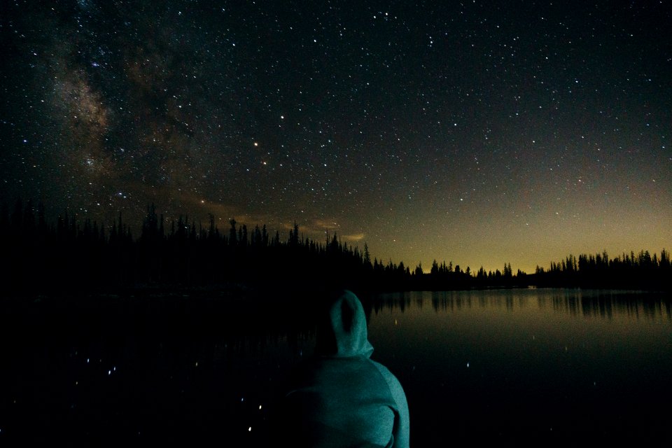 Over a lake on a starry night 