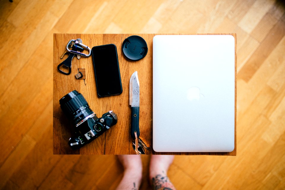 Tabletop with camera and laptop
