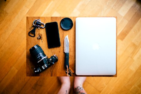 Tabletop with camera and laptop