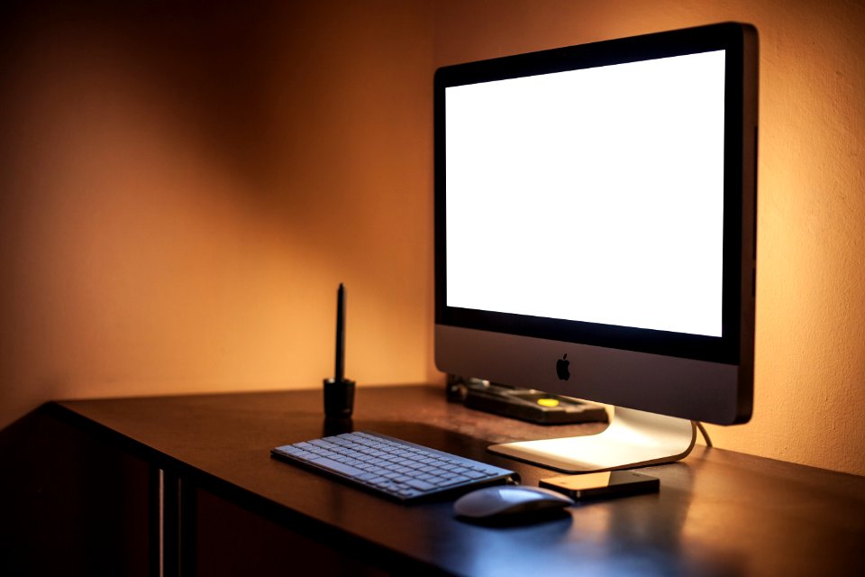 Free stock photo of apple, computer, desk