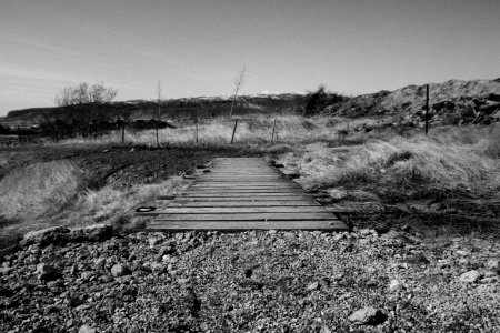 Grayscale Photography of Brown Wooden Bridge photo