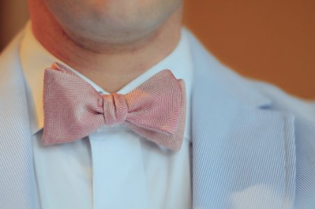 Close-up Photography of Person Wearing Pink Bow-tie and Gray Notched Lapel Suit photo